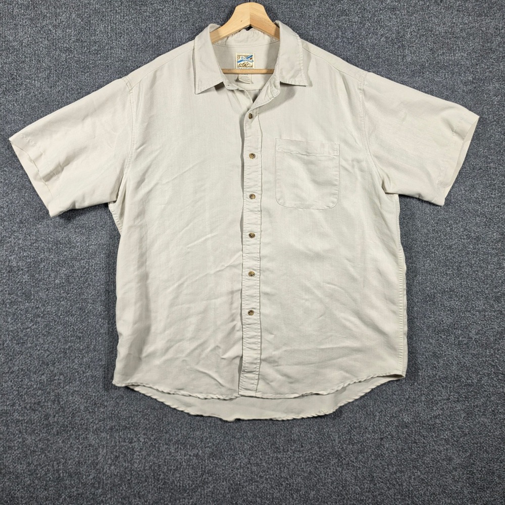 TravelSmith Shirt Mens XL Short Sleeve Button Up Beige Rayon Blend Utility Dad